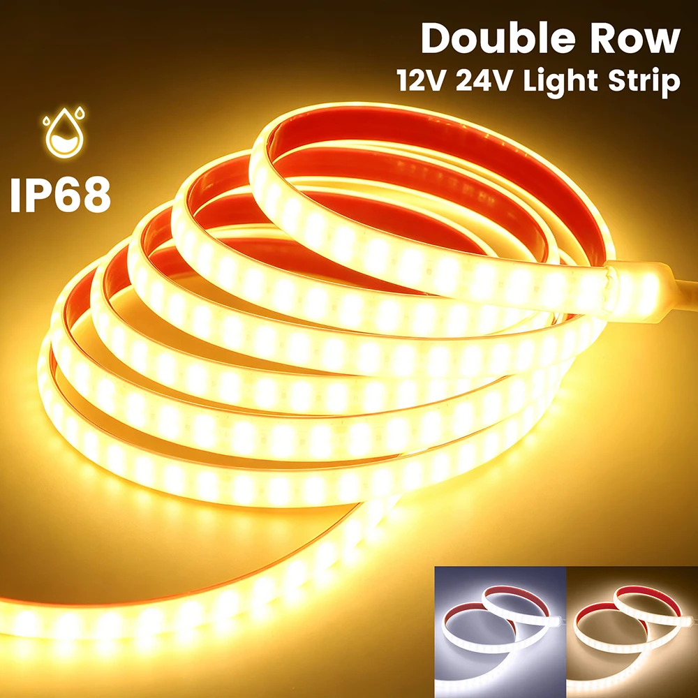12V 24V Double Row LED Strip Light IP68 Waterproof Bright 2835 240LED Flexible Tape 3000K 4000K 6000K Home Decor 0.5m 5m 10m 20m