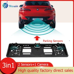 Car Camera 3in1 Parking Sensor European License Plate Frame Backup 4 LED Waterproof Rear View Reversing Radar System