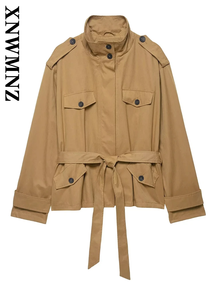 

XNWMNZ 2025 осенняя новая женская мода, винтажная верхняя одежда с воротником-стойкой и длинными рукавами, шикарное простое женское повседневное свободное пальто на молнии