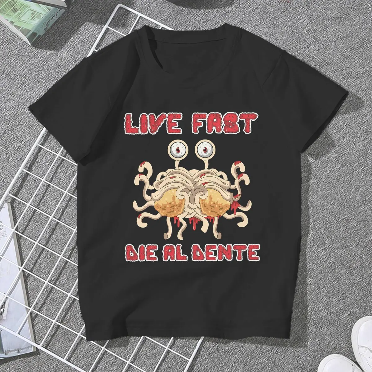 Flying Spaghetti Monsterism Live Fast Die Al Dente Atheist T Shirt Vintage Gothic Women's Polyester Tshirt O-Neck