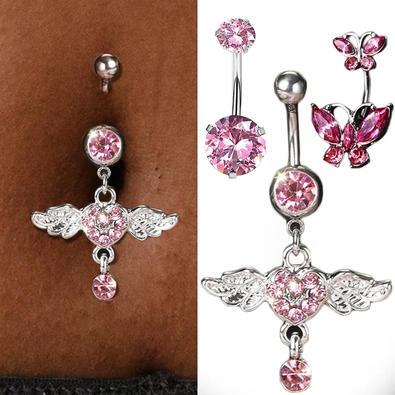 

Steel Belly Button Rings Pink Crystal Piercing Navel Heart Style Navel Piercing Earring Belly Piercing Sexy Body Jewelry Ombligo