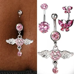 Steel Belly Button Rings Pink Crystal Piercing Navel Heart Style Navel Piercing Earring Belly Piercing Sexy Body Jewelry Ombligo