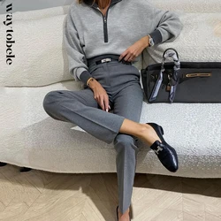 Waytobele Women Two Piece Set Autumn Thin Solid Lapel Long Sleeve Zipper Pullover Slim Top Loose Straight Pants Sets With Belt