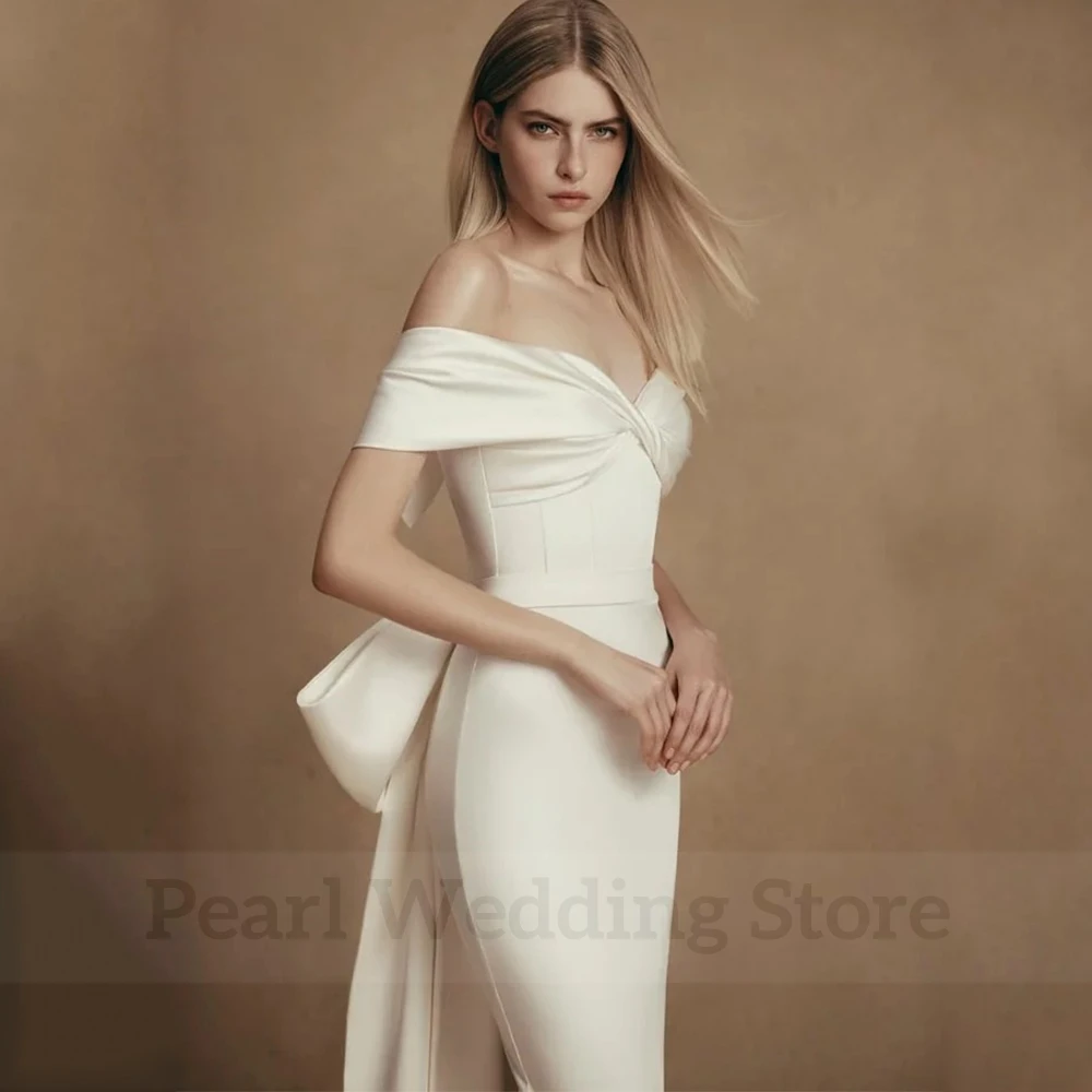 Vintage Sheath Mid Calf Wedding Dress Off the Shoulder Short Sleeve with Belt Pleat Bridal Civil Gowns Elegant Backless with Bow