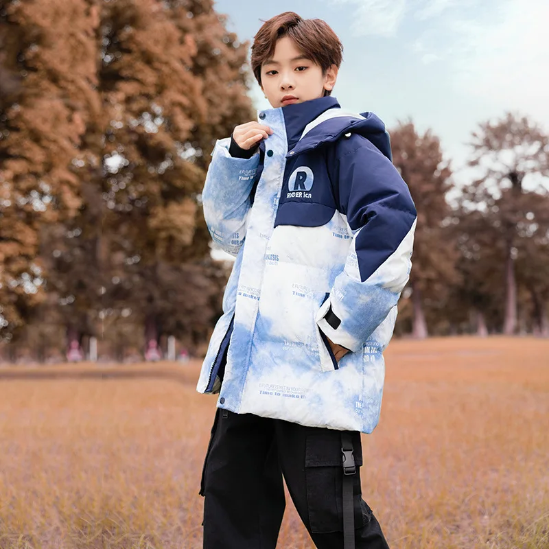 

Boys Girls Kids Long Loose Thickened Duck Down Jacket White Black Blue Baby Coat Teenagers Hooded Padded Jacket Clothes Winter