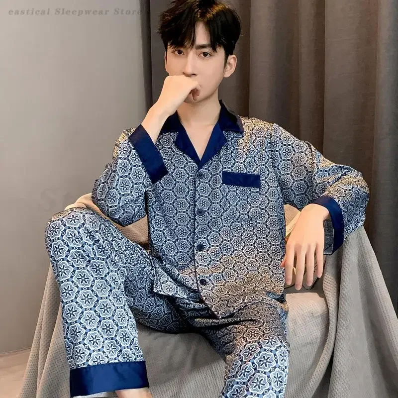 Men's Shirt&Pants Pajamas Set Male Satin Print Sleepwear Loose Casual Nightwear Plus Size 3XL Faux Silk Lounge Wear Home Clothes