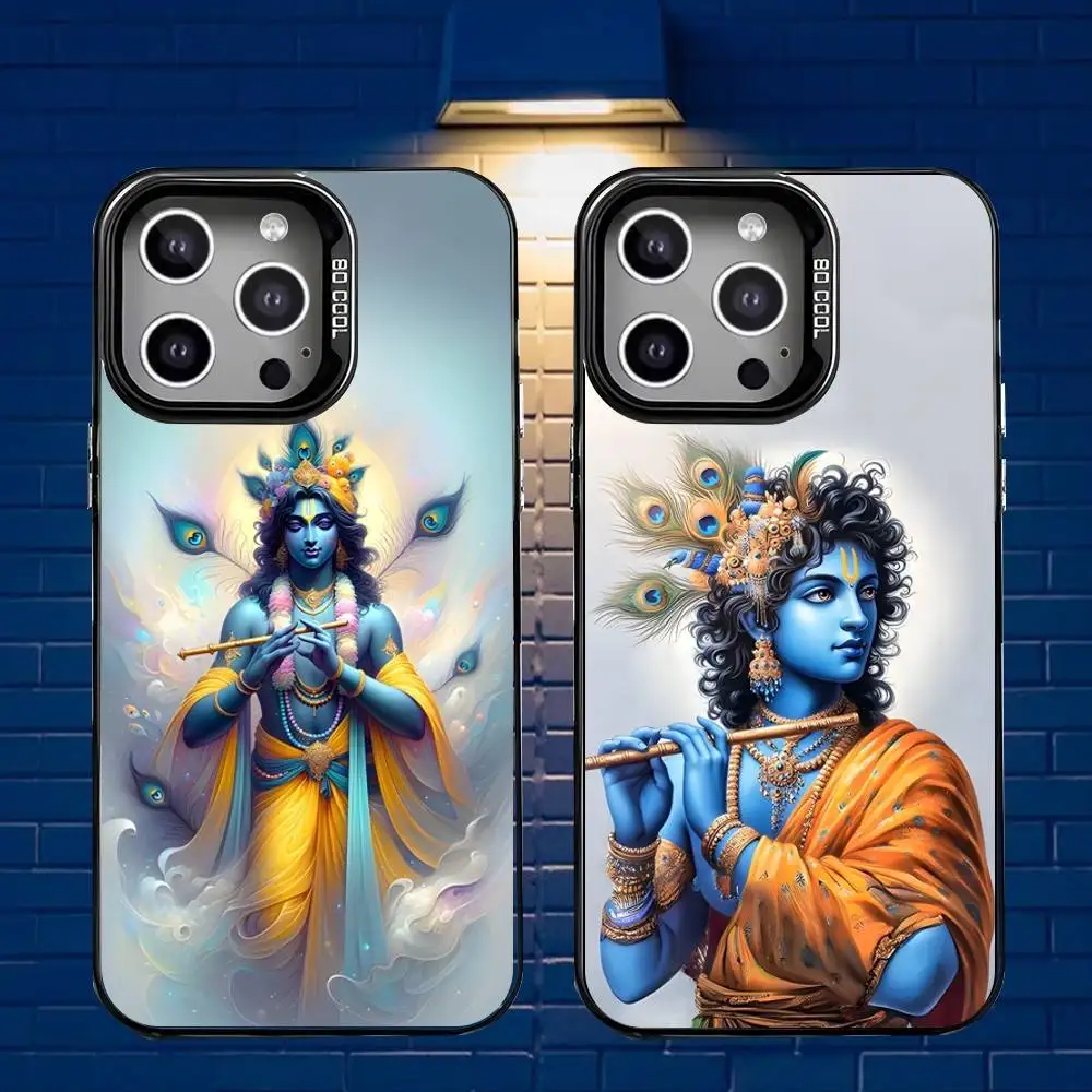 

Indian God Lord Krishna Phone Case For iPhone 16,15,14,13,12,11,Mini,Pro,E,MAX Gray Matte Silicone Black Cover
