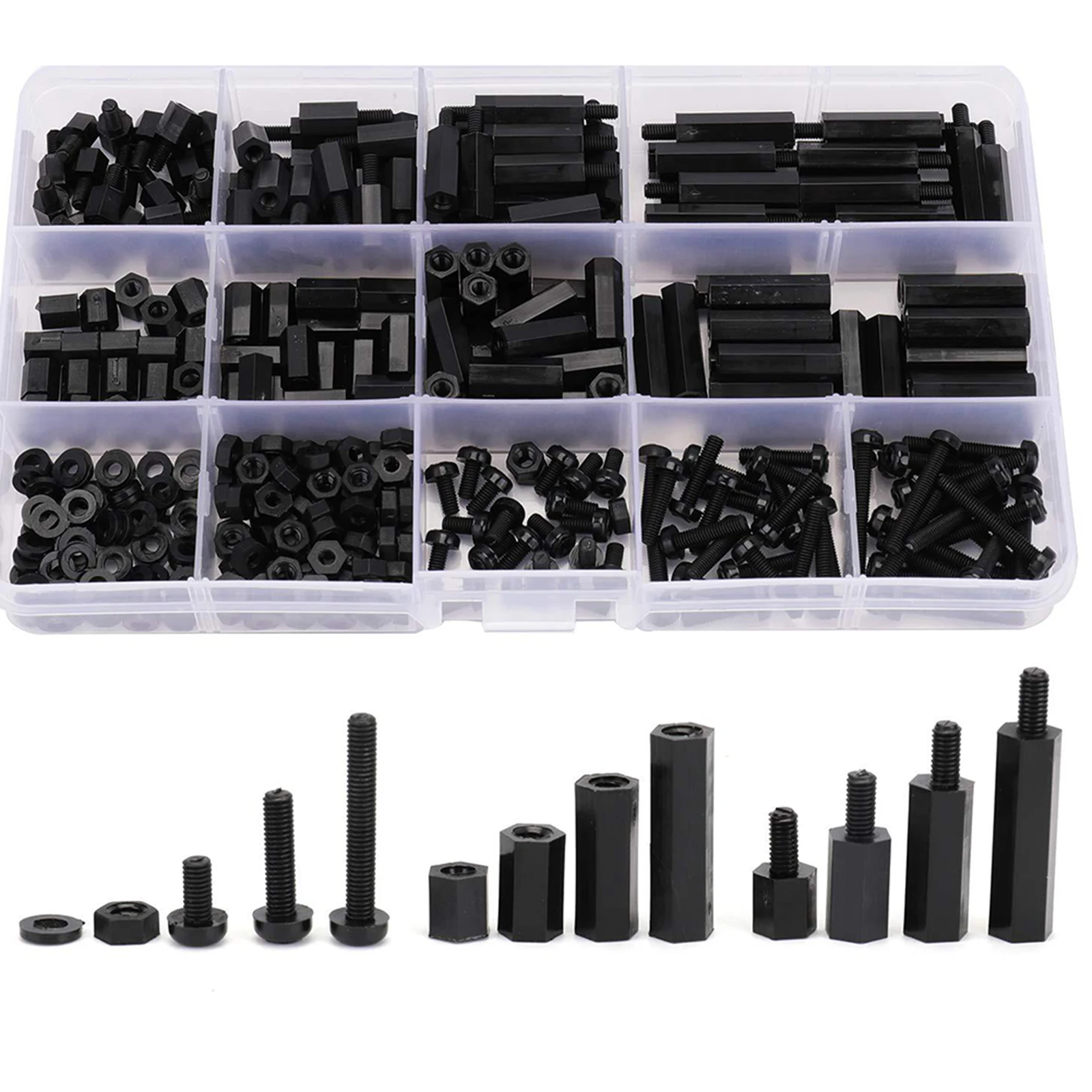 380pcs/kit Black Male Female Nylon Hex Spacer Standoff Screw Nut Set Assortment Kit With Box Replacement Tool