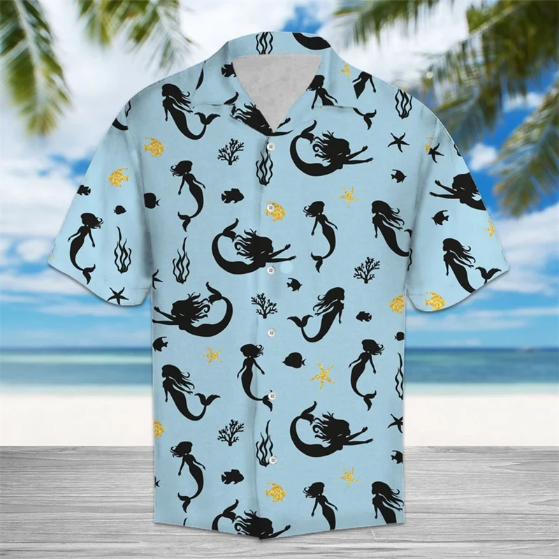 

Fashion Mermaid Pattern Hawaiian Shirts Summer Casual Beach Vacation 3D Printed Shirt Loose Breathable Unisex Holiday Blouses