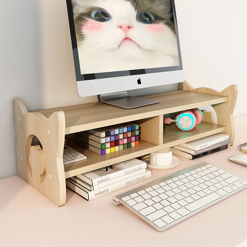 Office Desktop Computer Monitor Screen Heightened Wooden  Bracket Stand Laptop Cute Raised Shelf Organizer Office Supplies