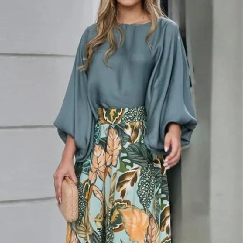 

Fashion Solid Color Lantern Sleeve Long Sleeve Top Printed Wide-leg Pants Women Summer Round Neck Top Wide-leg Pants For Women