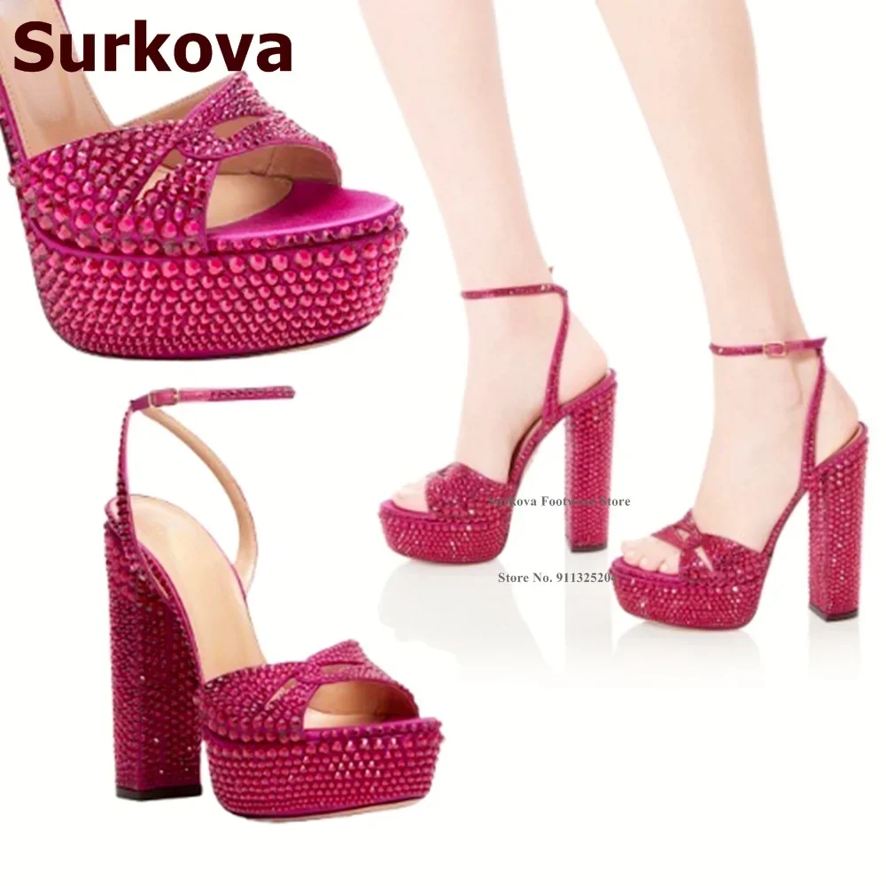 Surkova Emerald Green Bling Bling Sandals Women Luxury Rhinestone Chunky Heel Platform Wedding Shoes Buckle Strap Dress Pumps