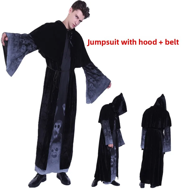 ชุดคอสเพลย์ผู้ใหญ่ธีมวันฮาโลวีน ชุดโครงกระดูกเทพแห่งความตาย ชุดพ่อมดสำหรับการแสดงบนเวที ชุดแม่มด ทำจากเส้นใยโพลีเอสเตอร์ 100%
