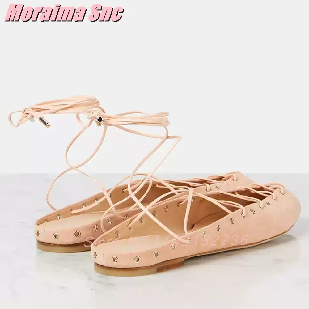 

Eyelet Cross Strap Lace-up Sandals Round Toe Flat With Shallow Casual Women's Shoes Runway Apricot Solid Summer 2025 New Arrival