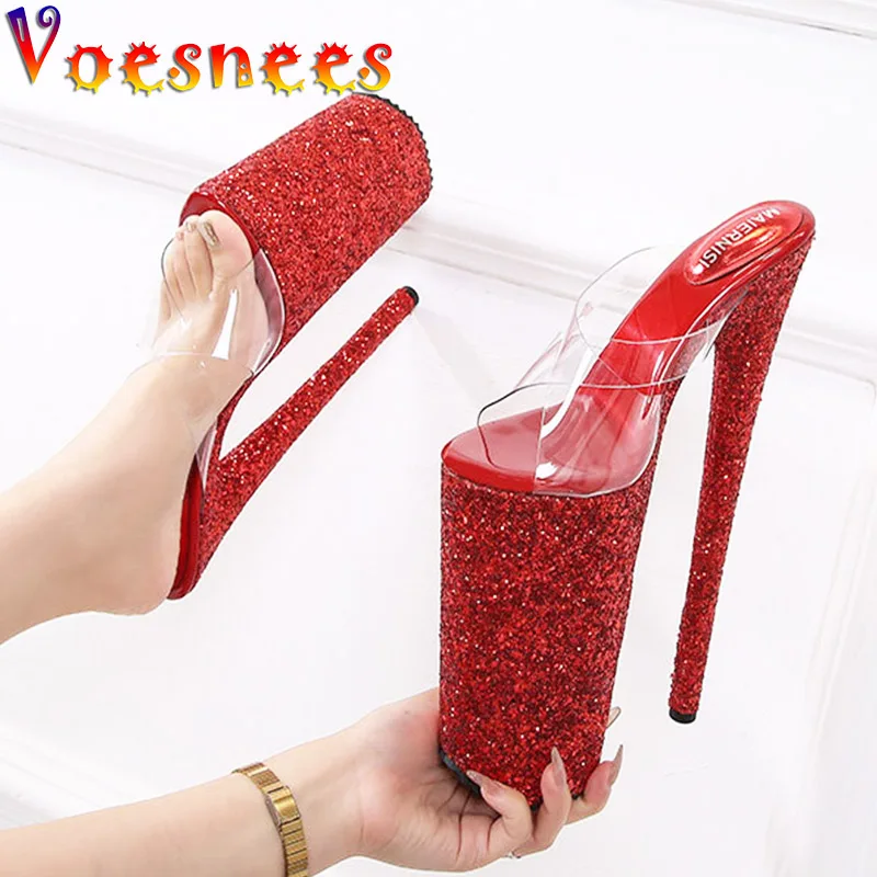 Women Summer Stiletto Sandals 2022 Newest Sequined Heels Pumps 26CM Party Ladies Slippers Transparent PVC Round Toe Model Shoes