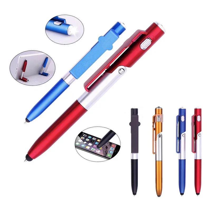 Multifunções Touch Pen com luz LED, canetas esferográficas, suporte dobrável para suporte do telefone, leitura noturna, papelaria, lápis, 4 em 1