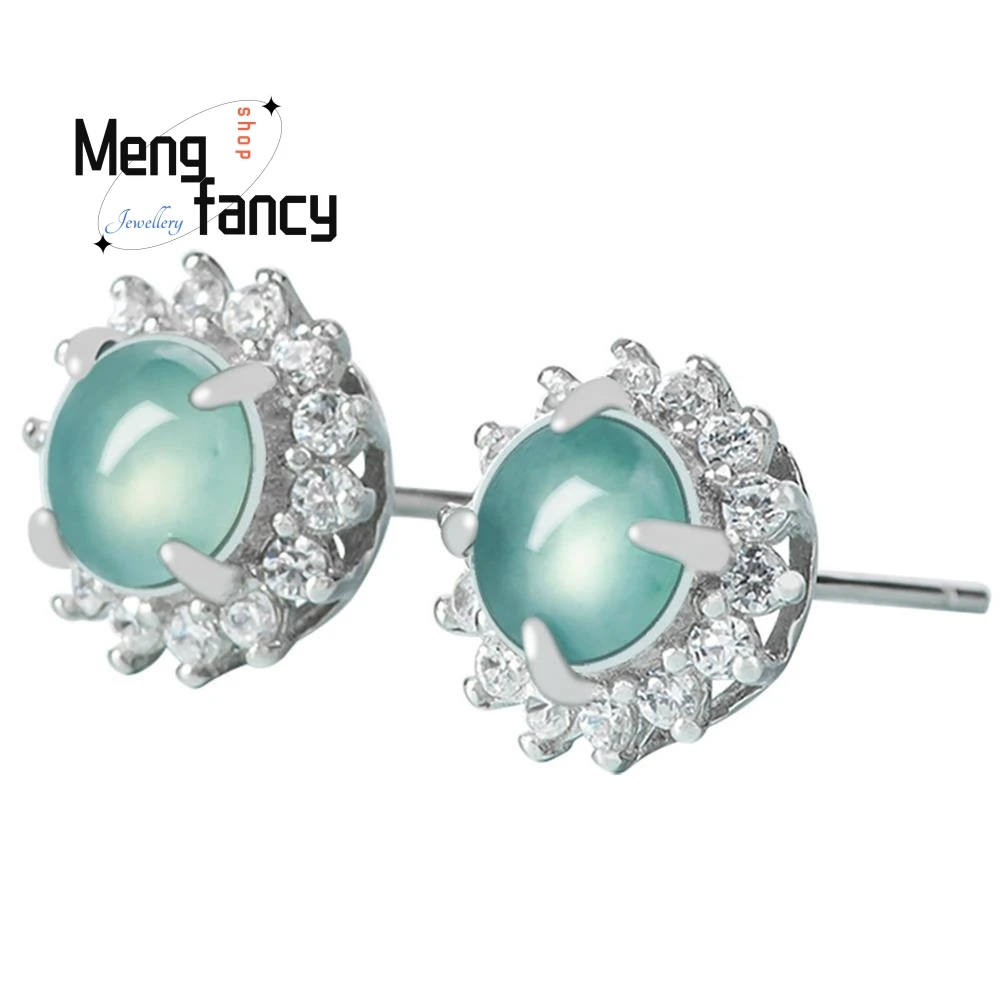 Genuine Natural A-goods Jadeite Blue Water Earrings Ice Jade S925 Silver Inlay Exquisite Elegant Luxury Fashion Charms Jewelry