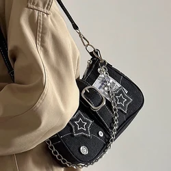 Y2k Fashion Women's Handbags Stars Pattern Cool Girls Underarm Bag Fashion Canvas Female Small Shoulder Bags Chain Tote Purses