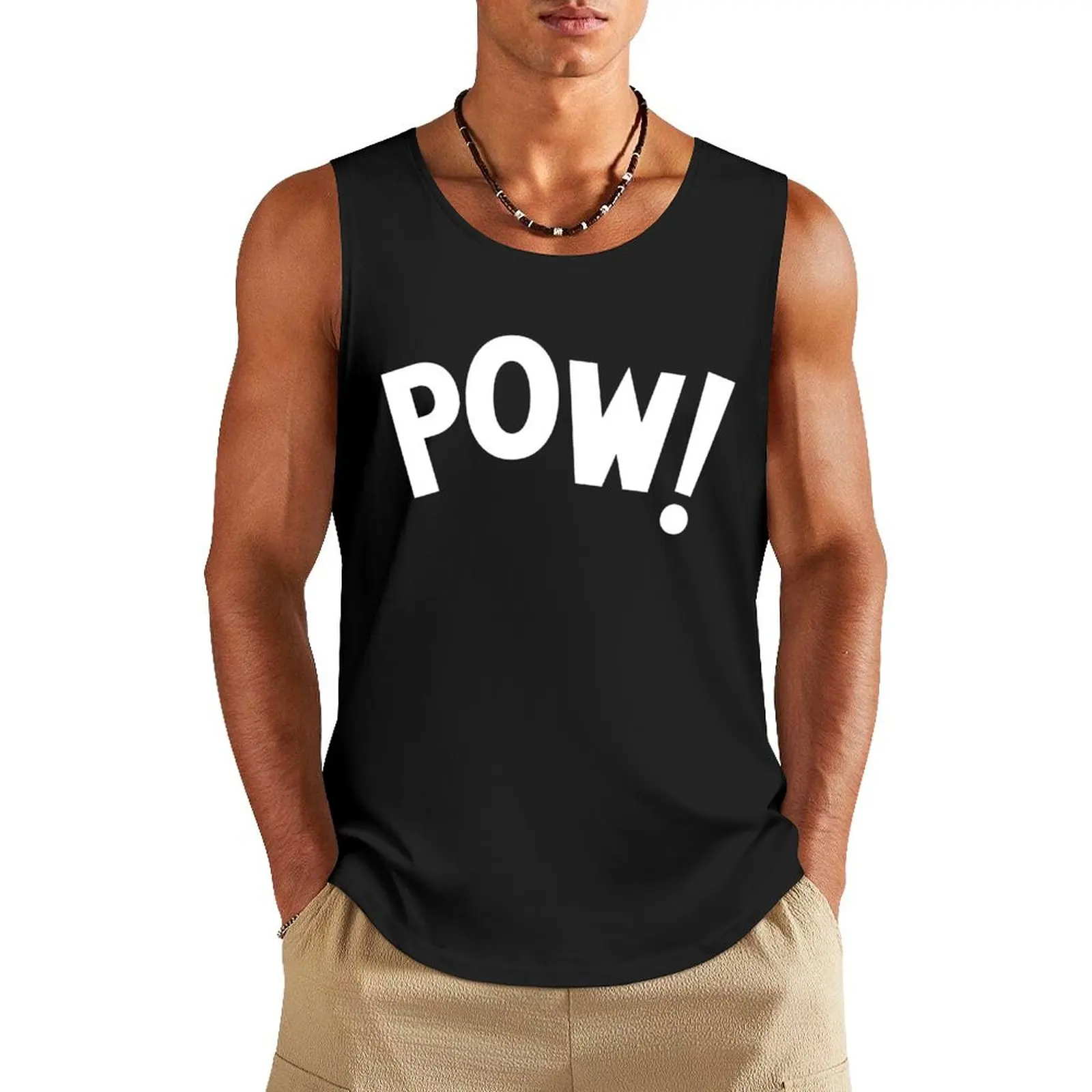 POW! white Tank Top Sleeveless T-shirt gym for men Men's gym articles