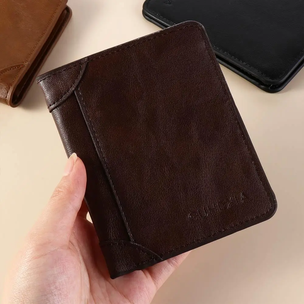 Leather 2 Fold Wallets Solid Color Soft Anti-theft Cash Bag Credit Card Case ID Badge Holder Men's Short Wallet Daily Use