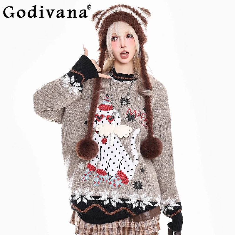 

Christmas New Year Casual Sweater for Women Winter New Casual Slim Loose Pullovers Female Japanese Style Knitted Sweater