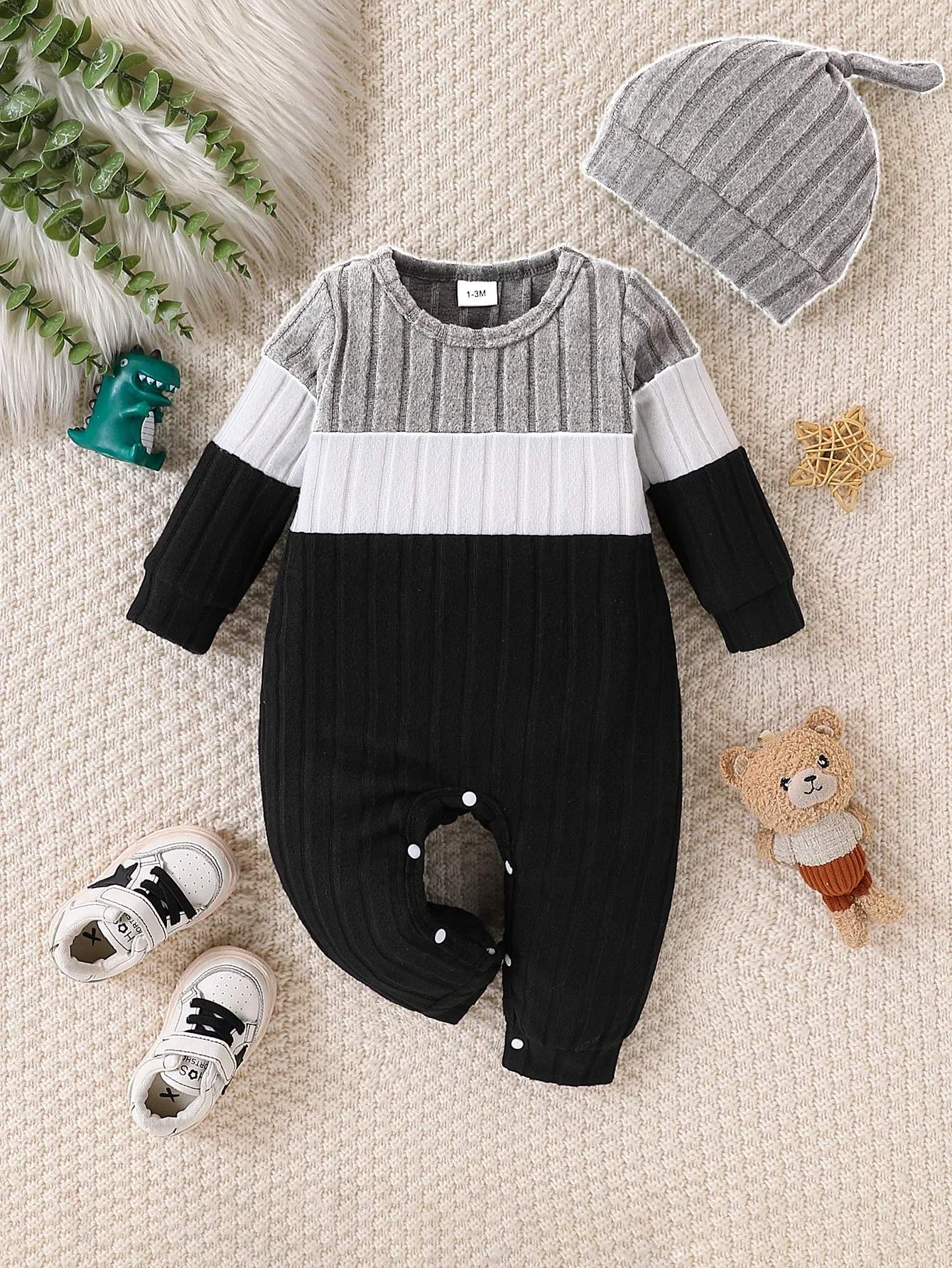 

Black White Gray Color Block Knit Button Placket Bodysuit & Hat Set Autumn Winter Unisex Toddler Onesie 3-18 Months Warm