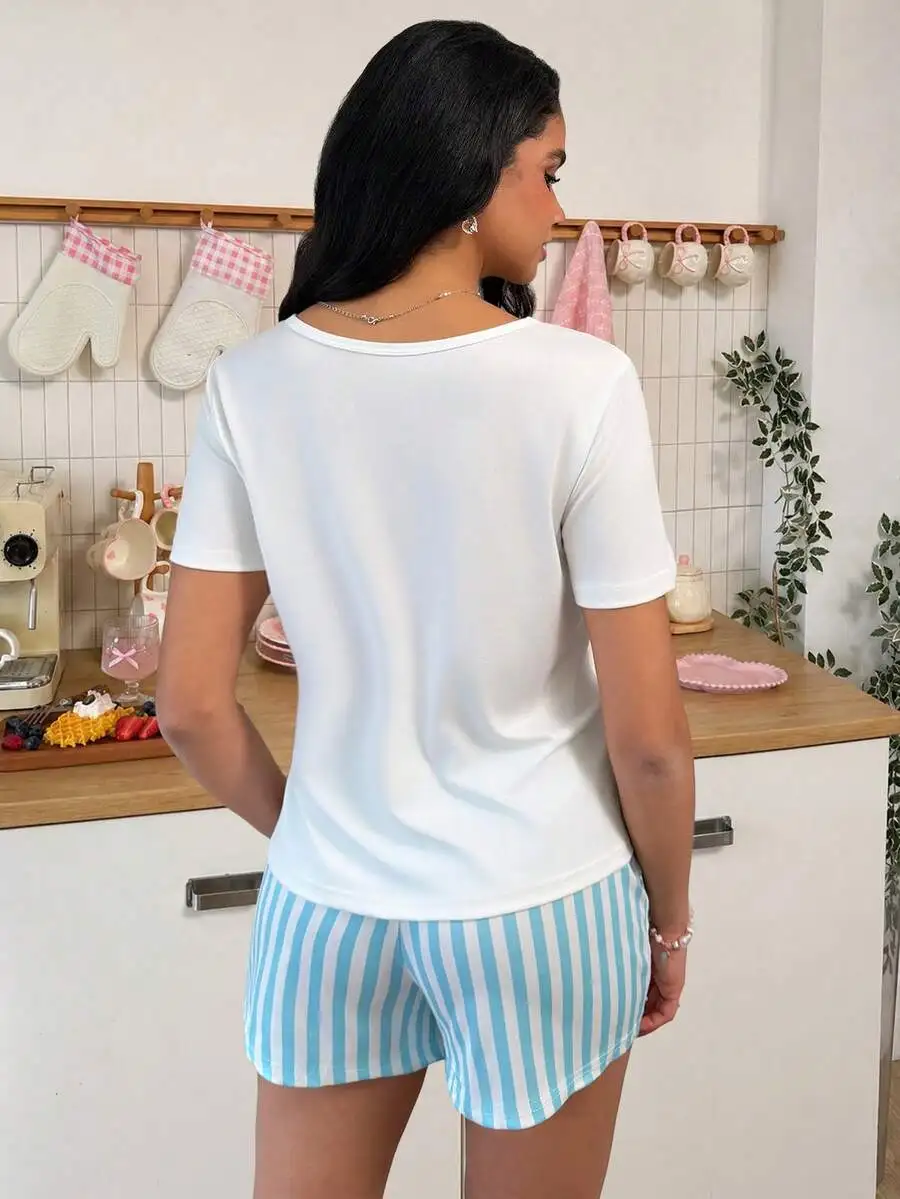 

Women Short Sleeve Striped Pajama Set With Bow Detail