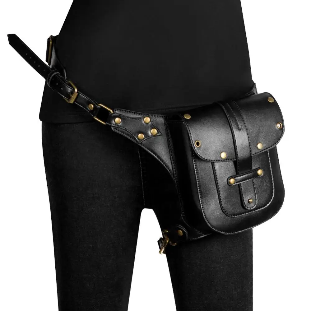 Steampunk Backpack with Multiple Carrying Method Punk Bag Pu Leather Rivets Niche Motorcycle Single Shoulder Crossbody Waist Bag