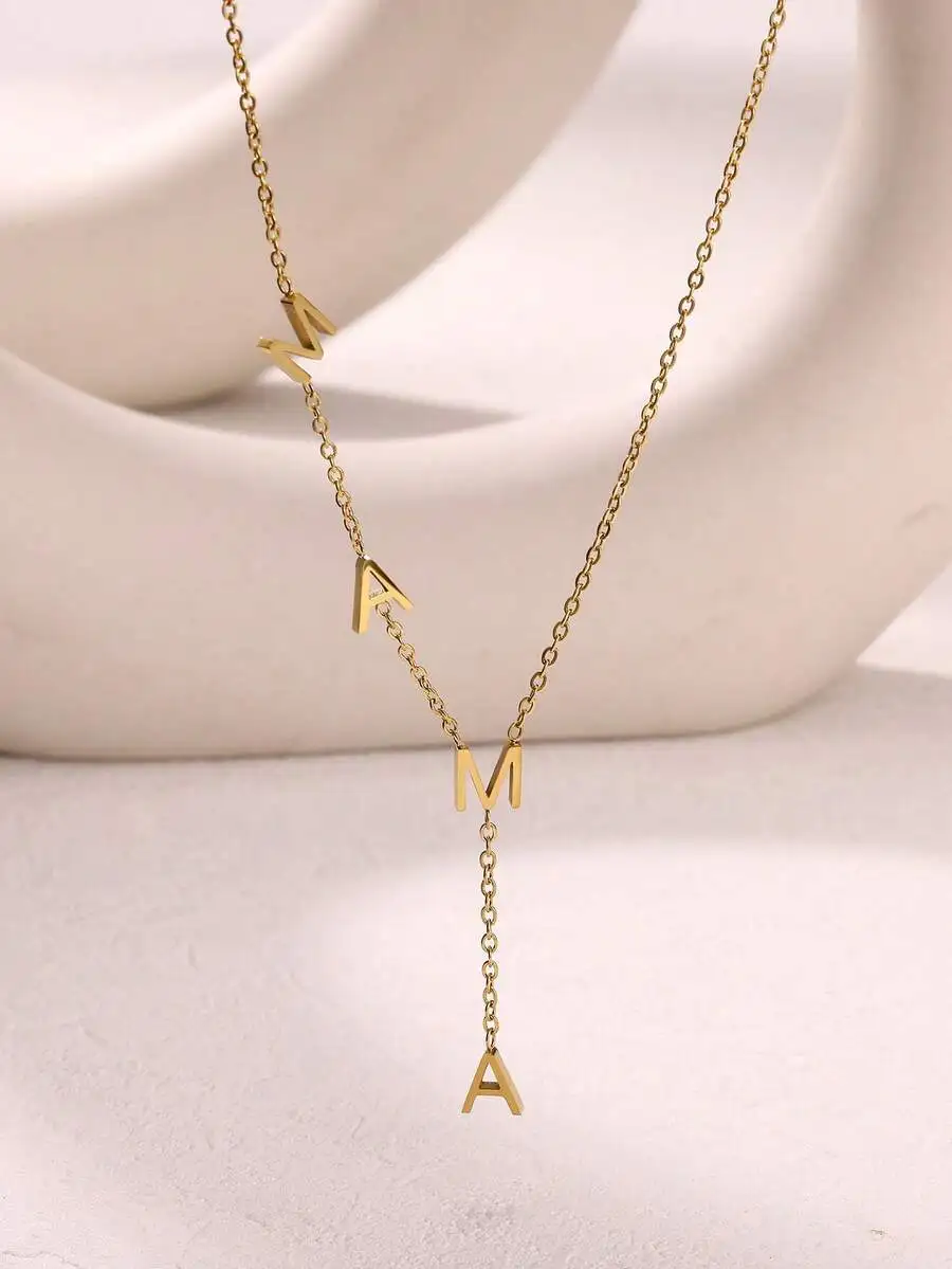 1pc Exquisite Minimalist MAMA Letter Pendant Necklace & Bracelet & Anklet For Women Stainless Steel Clavicle Chain Necklace Fash view 3