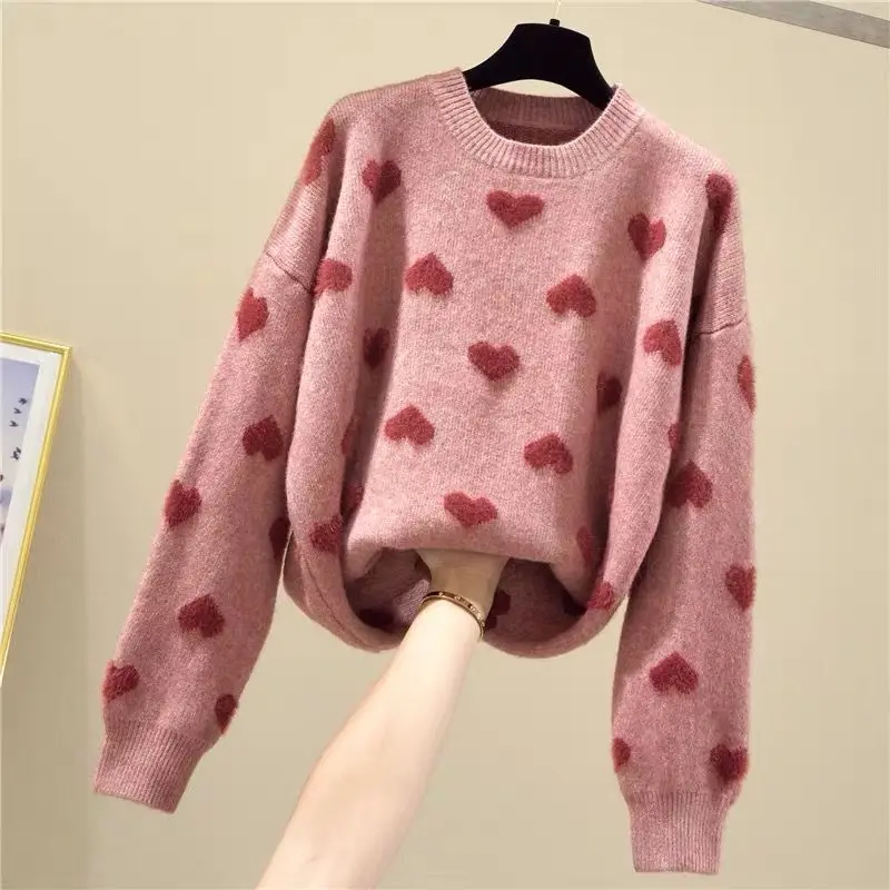 Heart Shaped Dot Sweet Lovely Mink Knit O-Neck Long Sleeve Pullover Women\'s Sweater Female Sweaters Tops Woman Clothing Fashion