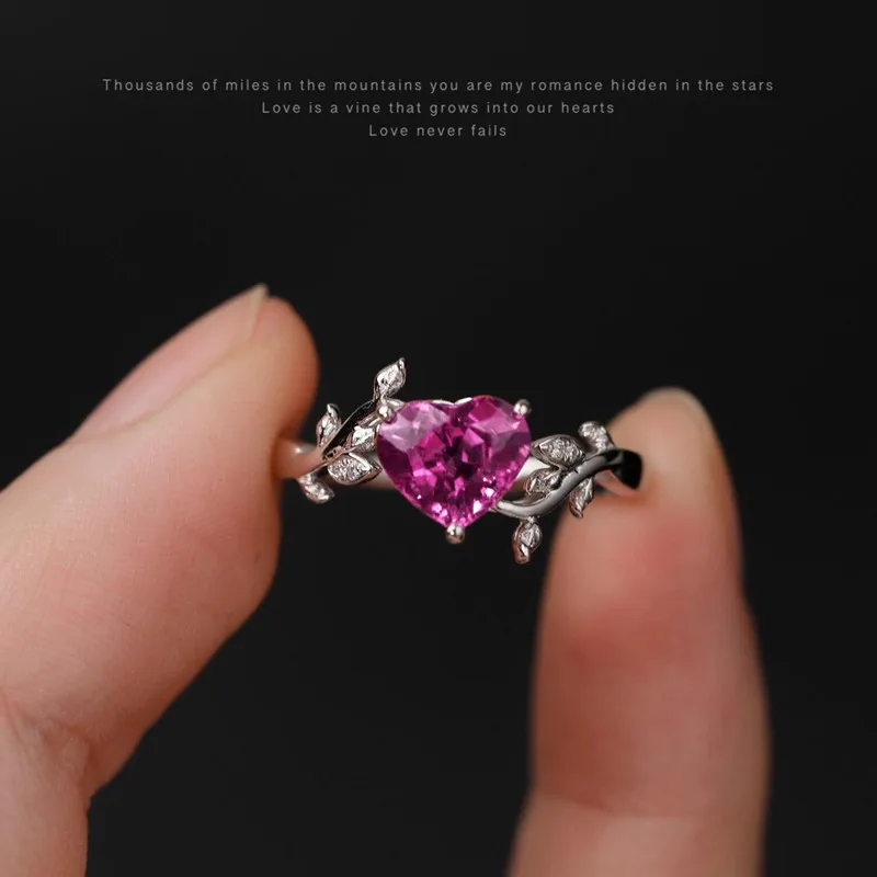 Love Heart Red Ruby Gemstones Diamonds Rings For Women Artistic Ceaves Design Irregular Finge Bands White Gold Silver Jewelry 5
