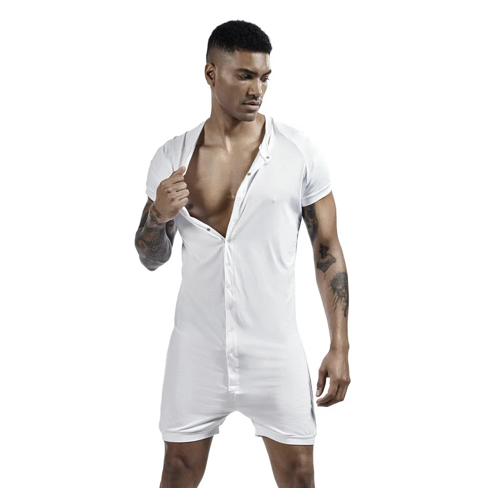 Men's Sexy Jumpsuit White Elastic Soft Modal Split Jumpsuit Male Single Breasted Buttons Sports GYM Onesies Bodysuits Pajamas