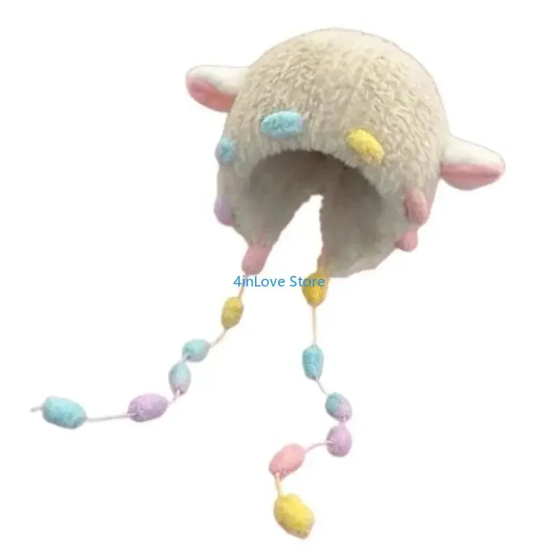 

T4MD Rainbow Rope Lamb Ear Caps Plush Earflap Hat for Skiing Hiking Women Student Windproof Warm Ushanka Hat for Cold Weather
