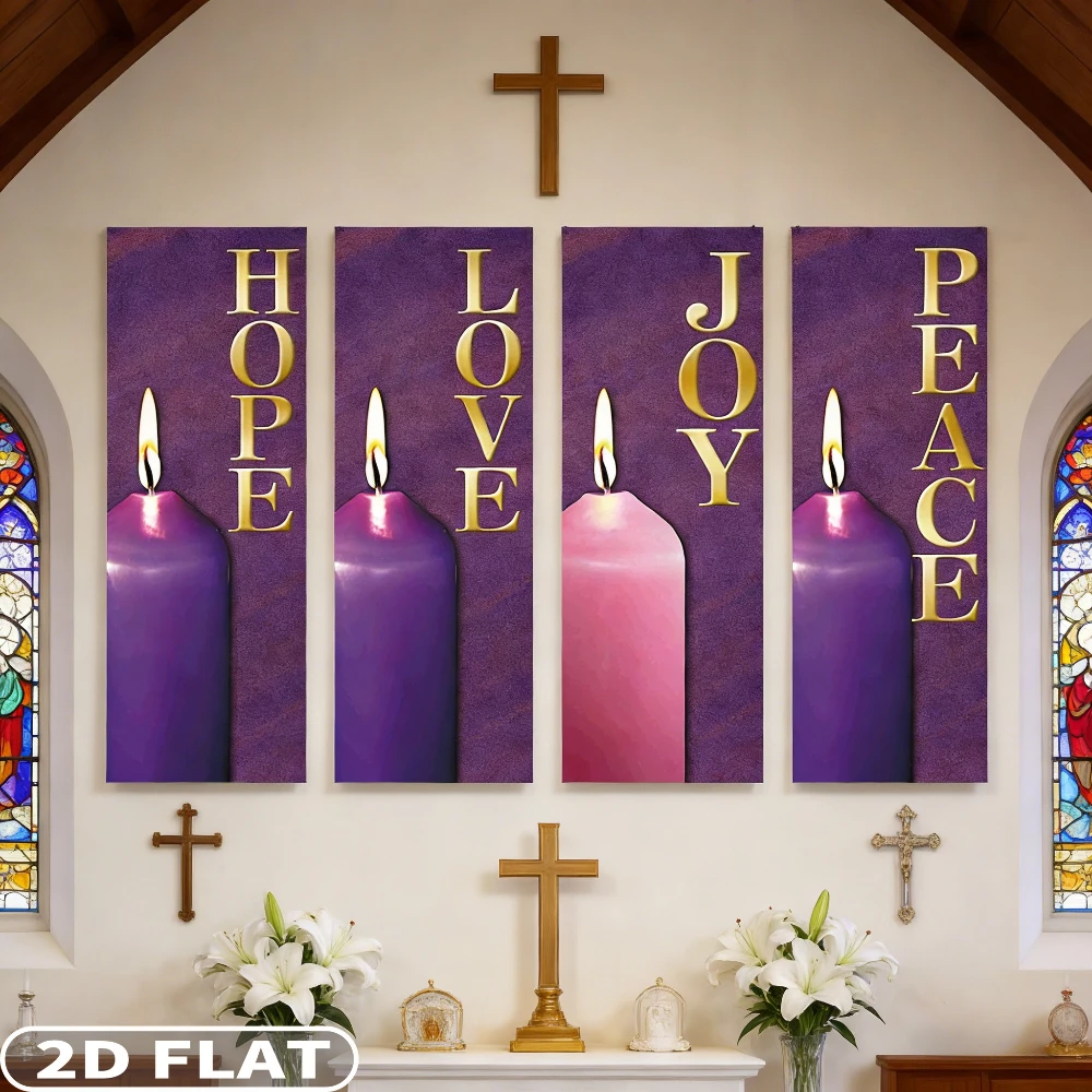 

2D FLAT 4pcs HOPE LOVE JOY PEACE Banner Set Party Packs - 17.72x47.24inch/45x120cm Golden Lettering on Purple Candles, Polyester