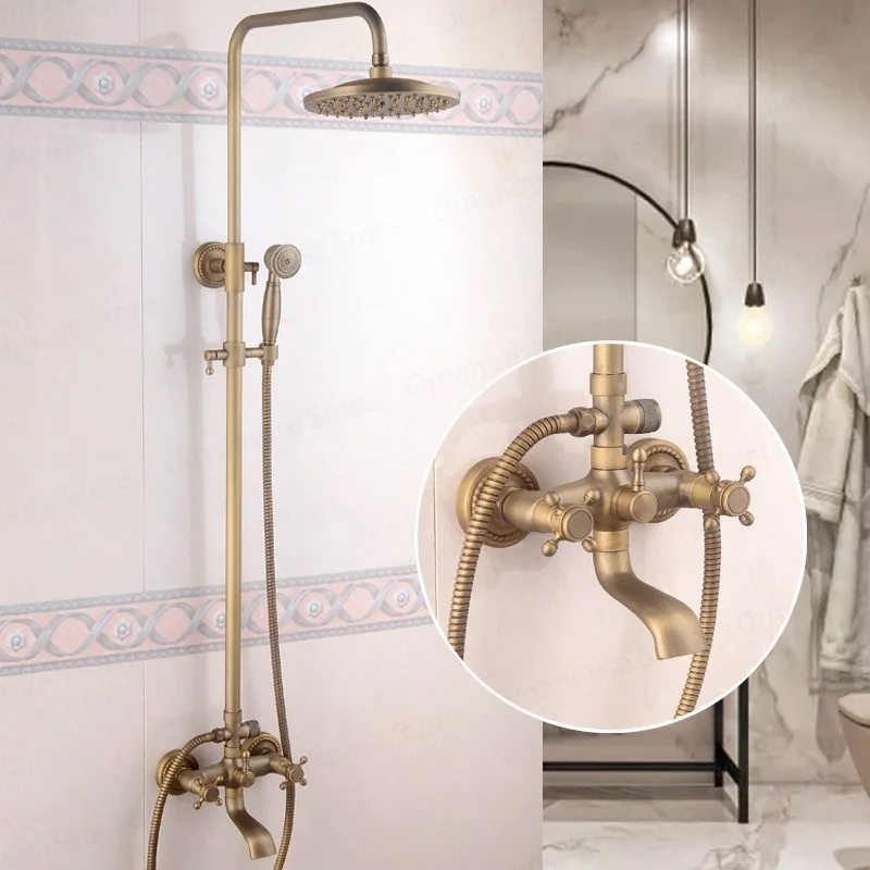 

Antique Brass Shower Faucet Set Wall Mount Retro Shower Kit Dual Knobs Mixer Tap Handheld Spray Bathtub Kit