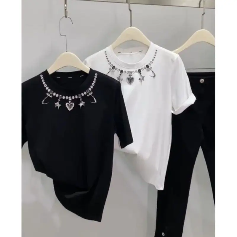 Luxury Women Stars Diamonds Beaded White Short Sleeved T-shirts  Heart Shaped Rhinestones Tees Loose O-Neck Jumpers Crop Tops