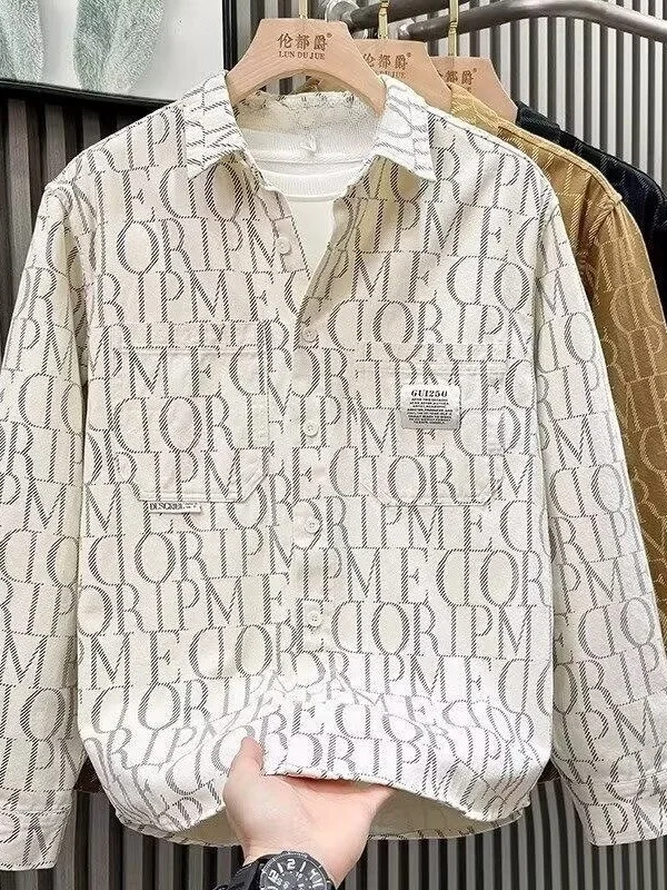 Washed Cotton Long Sleeve Casual Shirt Men's Spring Autumn Japanese Style Workwear Loose Fit Printed Collar Open Cardigan Jacket