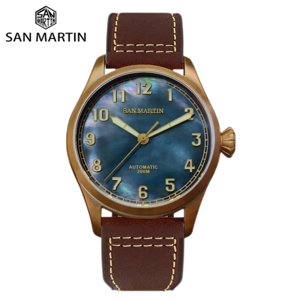 San Martin Retro Men Diver Watch CuSn8 Bronze Leather Strap Automatic Mechanical Watches Sapphire Luminous Wristwatch SN0043Q