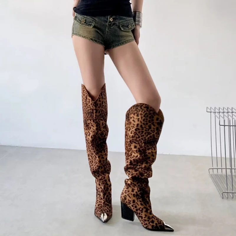 Y2k Vintage Leopard Knee-high Boots Fashion Hot Girls Pointed-toe Design Block Heels Pleated Design Knee-high Boots For Party