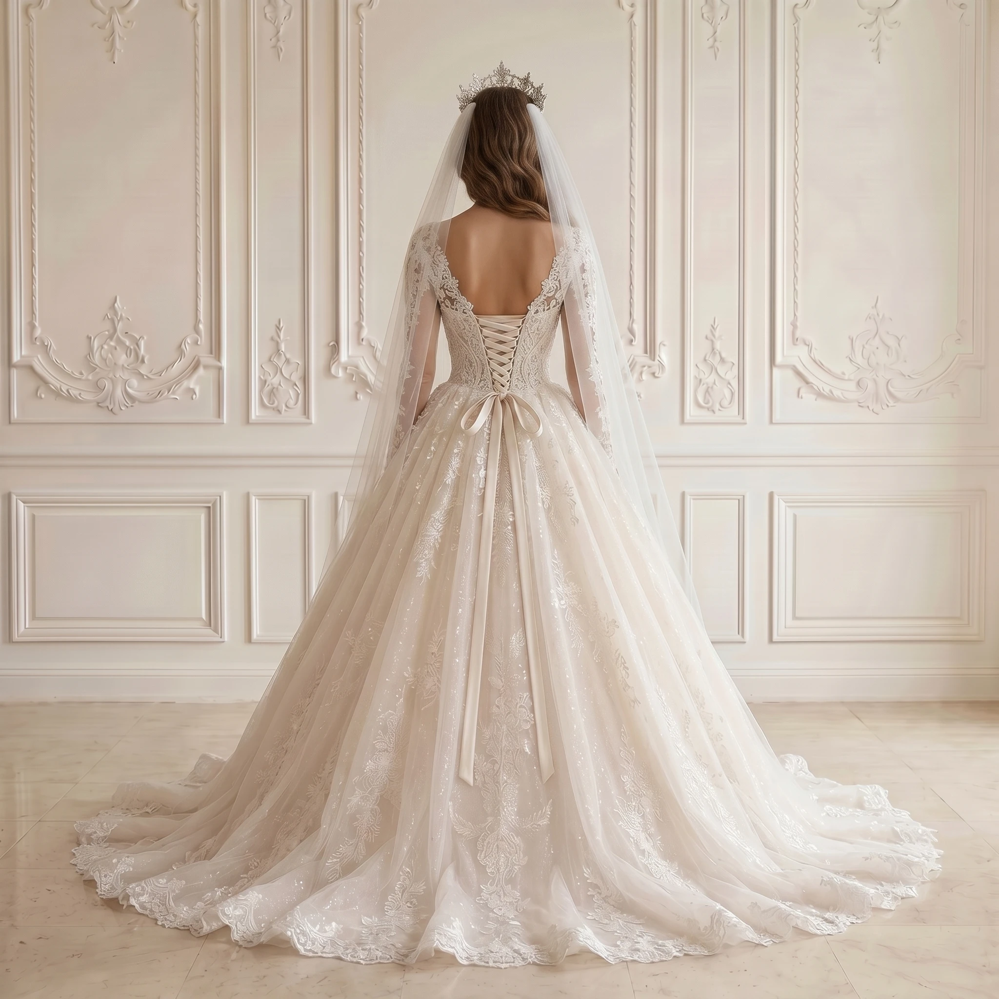 V Neck Long Sleeve Ball Gown Wedding Dress Glitter Floral Lace Corset Back Scalloped Chapel Train Bridal Gown