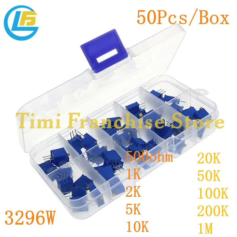 50Pcs Box Multiturn Trimmer Potentiometer Kit High Precision Variable Resistor 3296W 500 ohm 1K 2K 5K 10K 20K 50K 100K 200K 1M