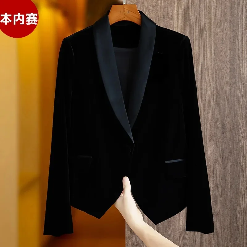 New High Class Temperament Versatile Large Black Velvet Jacket Short Blazer Women\'s Suit Jackets Spring And Autumn Outwear 2023