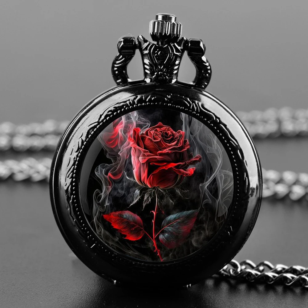 

New Fashion Retro Rose Pattern Black Quartz Pocket Watch Pendant Necklace Men Watch Women Watch Jewelry Gift