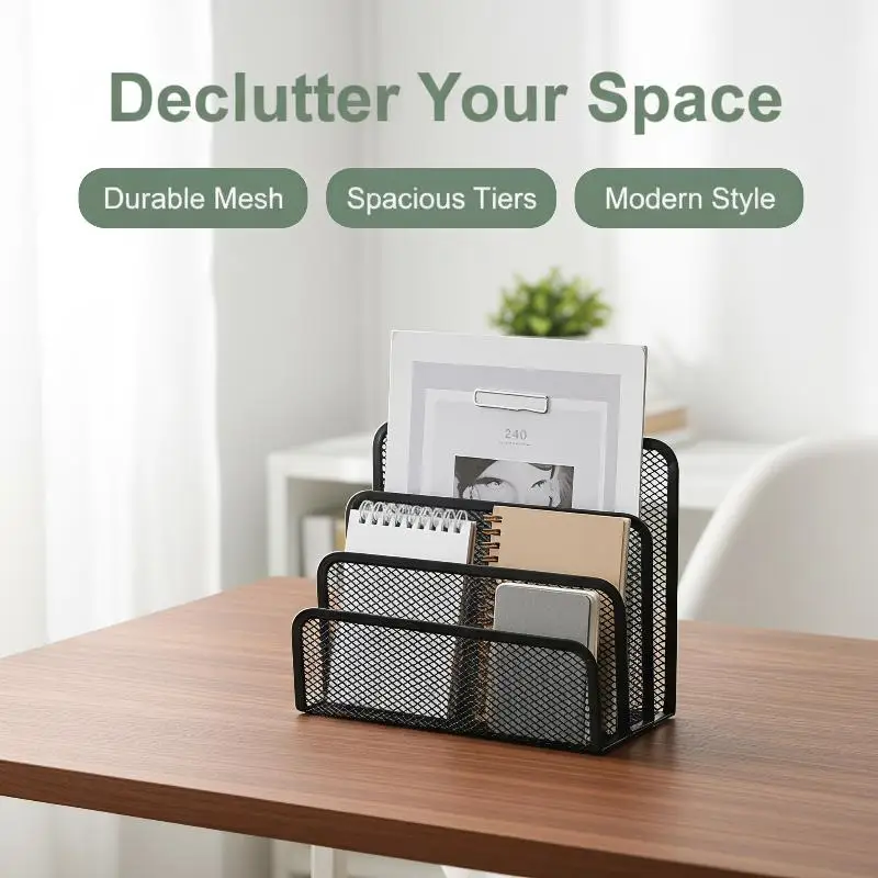 Black Metal Mesh 3 Tier Desk Organizer File Paper Tray Notebook Holder for Home Office Remote Workers