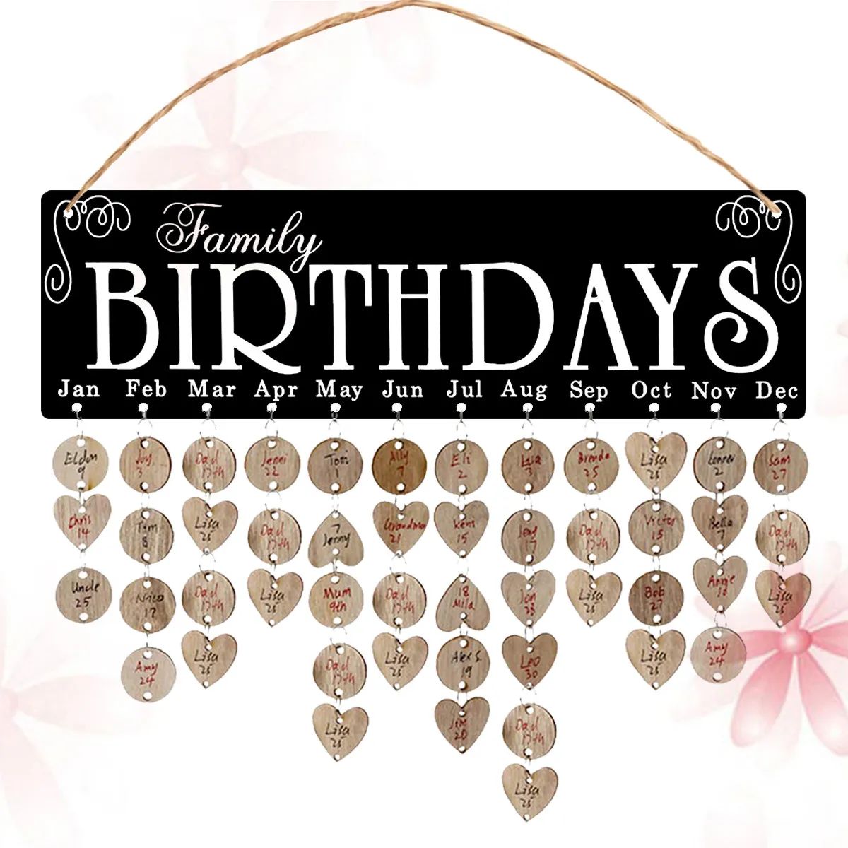 

Wooden Hanging DIY Calendar Planner Board with 50 Round 50 Heart Pendants Write Names Dates Birthday Wedding Mother's Day Home