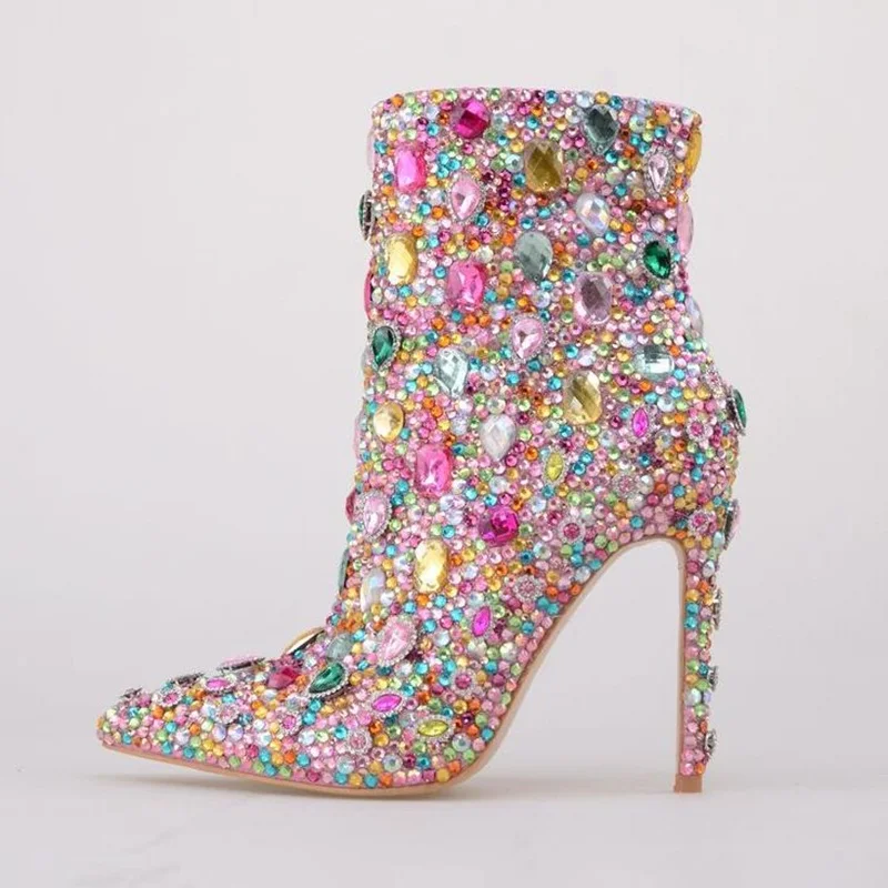 

Luxury Rhinestone Pointed toe Ankle Boots Colorful Gem Jewelry Thin Heels Femal Evening Banquet Dress Pumps Drop Shipping