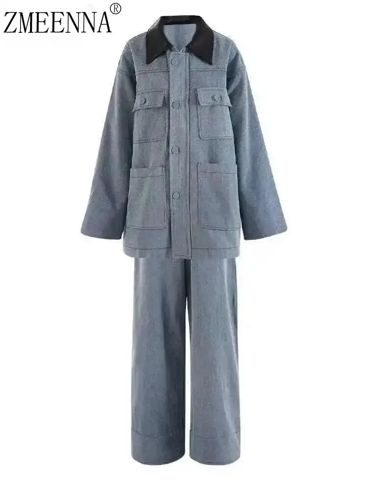 

ZMEENNA Women's Two Piece Casual Outfit Long Sleeve Button Down Shirt Jacket With Pockets Wide Leg Pants Set ZM3275