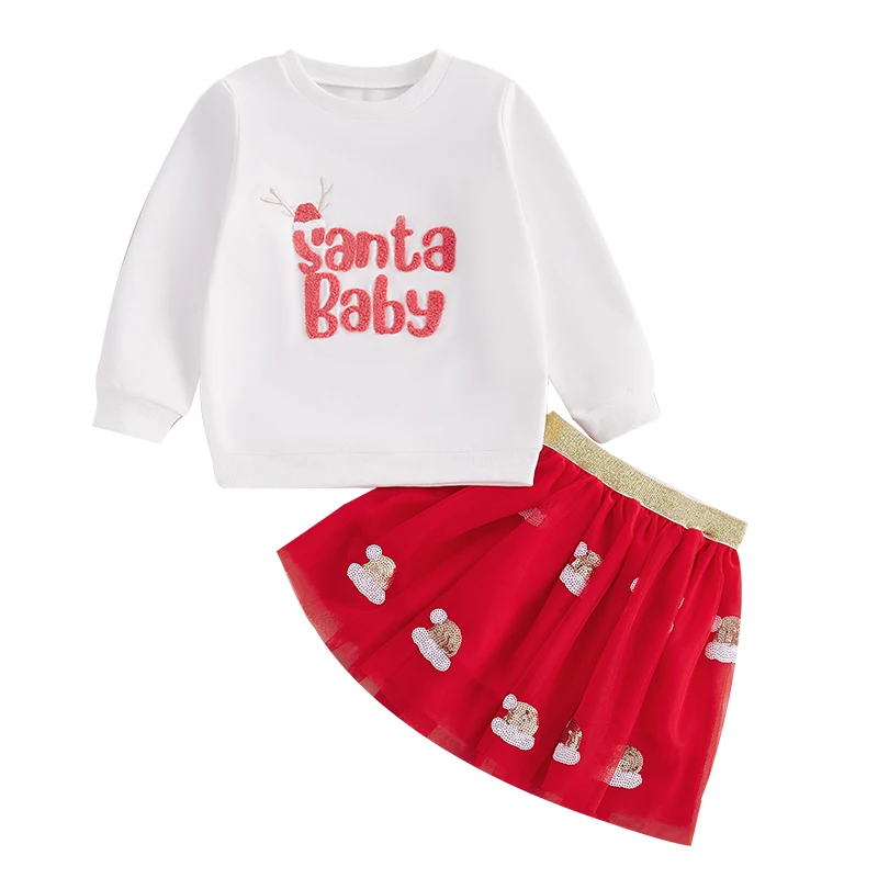 

Toddler Girl Christmas Outfit Letter Embroidery Long Sleeve Sweatshirt with Santa Hat Seuqin Tulle A-Line Skirt