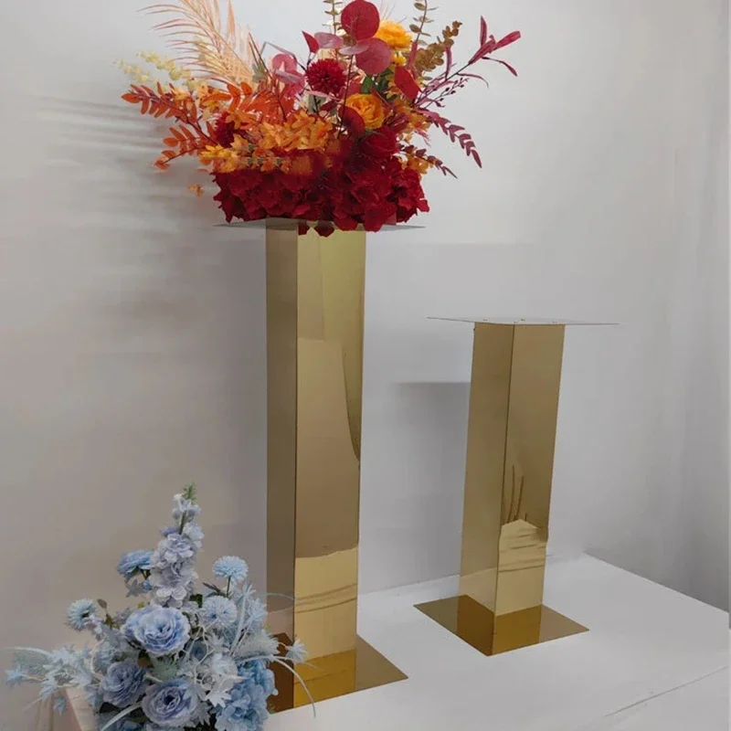 2-10 Stück Goldene Metall-Blumenständer Quadratische Säulen-Sockel Spiegel Edelstahl-Podest Hochzeitstisch-Mittelstück Event-Flur-Dekoration – Detail 8