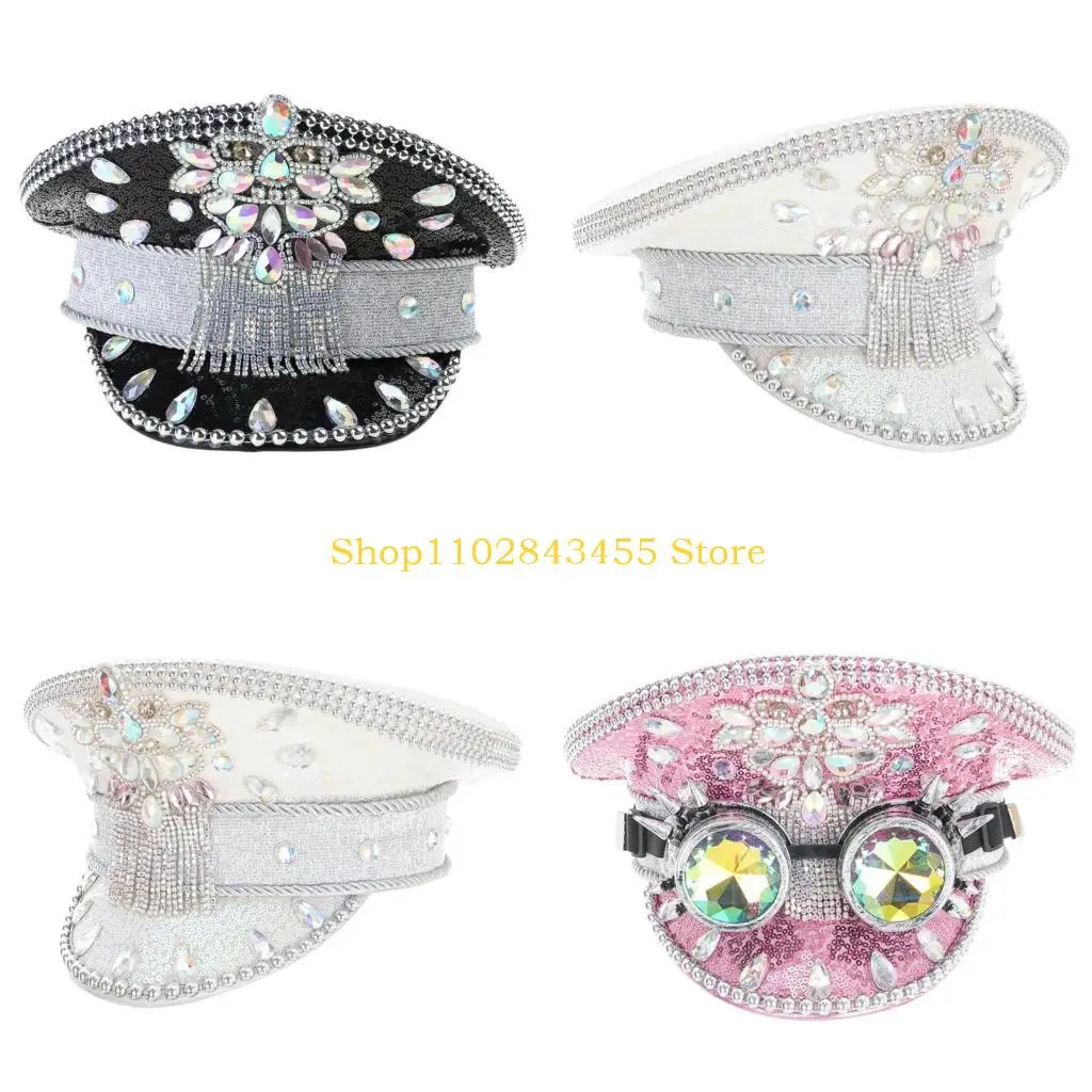 

49MC Heavy Crystals Captain Hat with Beaded Sequins, Diamond and a Pair of Green Goggles for Bachelorette Party Dancing